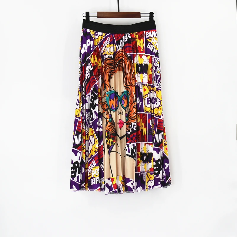 

MNOGCC 2019 New-Coming Spring Summer Printing Pattern Empire High Elastic Skirts Cartoon Pleated Skirt Party Holiday High Street