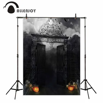 

Allenjoy Halloween dark night party photography backdrops smokey black mist foggy iron gate pumpkin spooky photo backgrounds