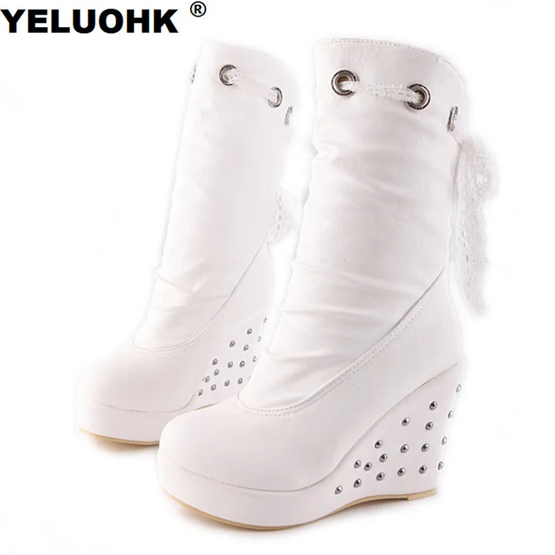 

New Rivet White Boots Wedge Shoes Women High Heels Platform Shoes Winter Boots Women Pumps Casual Women High Boots Mid Calf