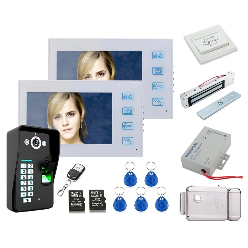 

Home Security 7" Recording HD 2 Monitor RFID Password Video Door Phone Intercom Doorbell With 8G TF Card+Electronic locks Set