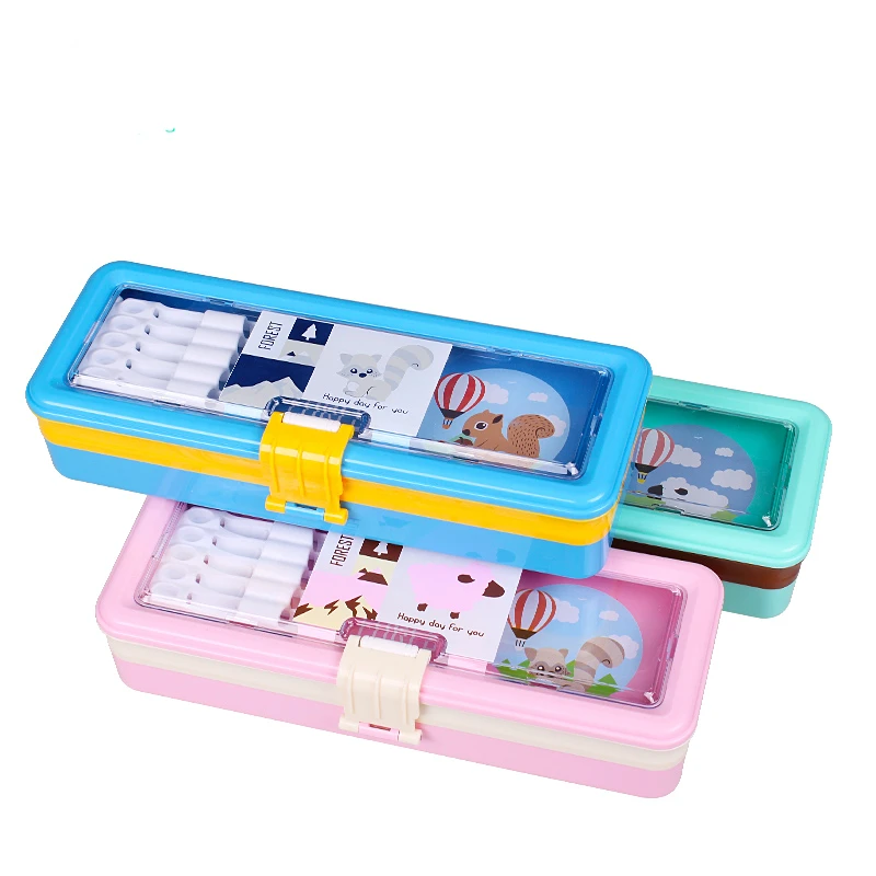 

Pupils School Supplies Kawaii Pencil Case Estojo Escola Multifunctional Estuche Escolar Three Layer Lock Button Cute Pencil Case