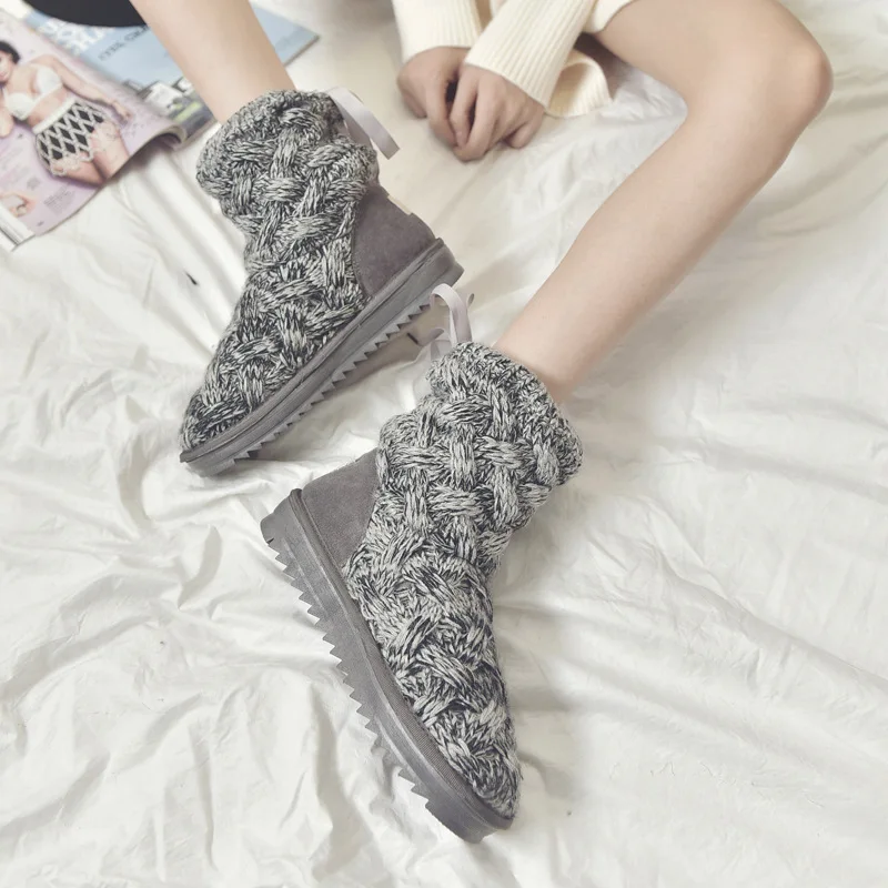 

Stylish Knitted wool upper Women's Winter Boots Warm Snow Boots Women Mid Boots Ladies Thick Plush Flock Women Shoes
