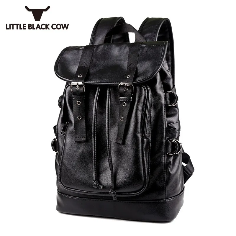 

Mens Pu Leather Backpack Fashion Black Waterproof Drawstring Buckle Travel Backpack Korean Style School Bags Mochila Masculina