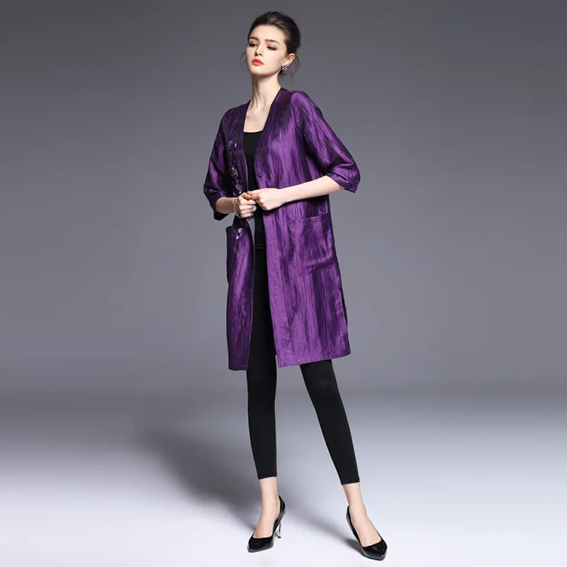 

2017 Europe Style Newest Spring Best Quality Fashion Solid O-Neck Three Quarter Flowers Embroidery Linen Long Coat Women