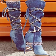 Женские пикантные новые модные сапоги с открытым носком из черной замши, с золотыми цепочками, на шнуровке, до колена, сапоги-гладиаторы на платформе, сапоги на высоком каблуке