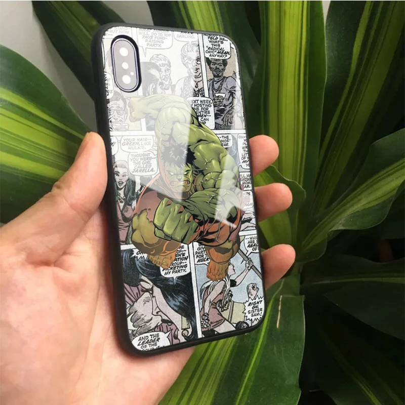 

OUTMIX Tempered Glass Phone Case For iPhone X 10 XS max XR 6S 6 7 8 Plus Hulk Comics Pattern printing customization