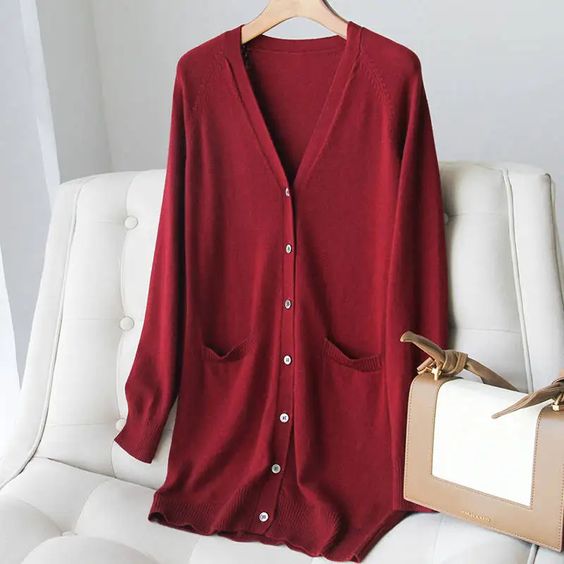 Вязаный кардиган из чистого кашемира, женский свитер высокого качества, 6 цветов, козий кашемир, верхняя одежда, Женская Стандартная одежда, топ для девочек - Цвет: dark red