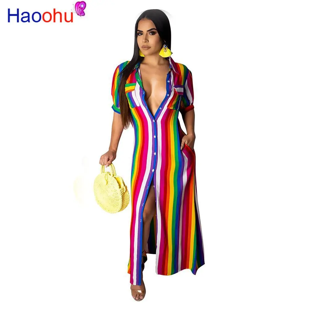 HAOOHU разноцветное Радужное Полосатое свободное платье Макси женское осеннее платье на пуговицах с карманами элегантное вечернее платье повседневное длинное платье-рубашка