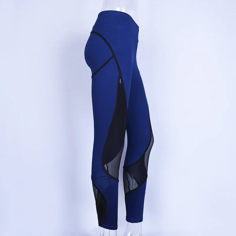 Синие и черные Лоскутные женские сетчатые штаны для йоги, сексуальные леггинсы для фитнеса с эффектом пуш-ап, высокая эластичная талия, дышащие спортивные колготки для бега