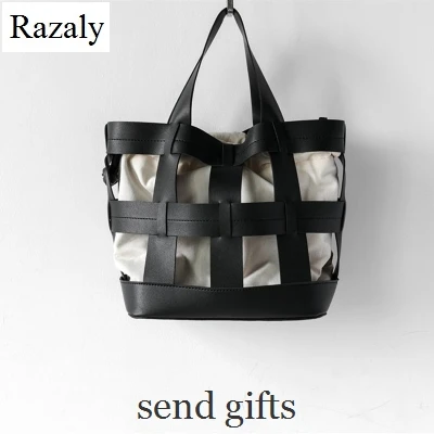 Бренд Razaly, Большая вместительная женская большая сумка, открытая корзина, ведро, ручная сумка, плетение, летняя, Пляжная, дорожная, кожаная, холщовая, дизайнерская - Цвет: Black bag