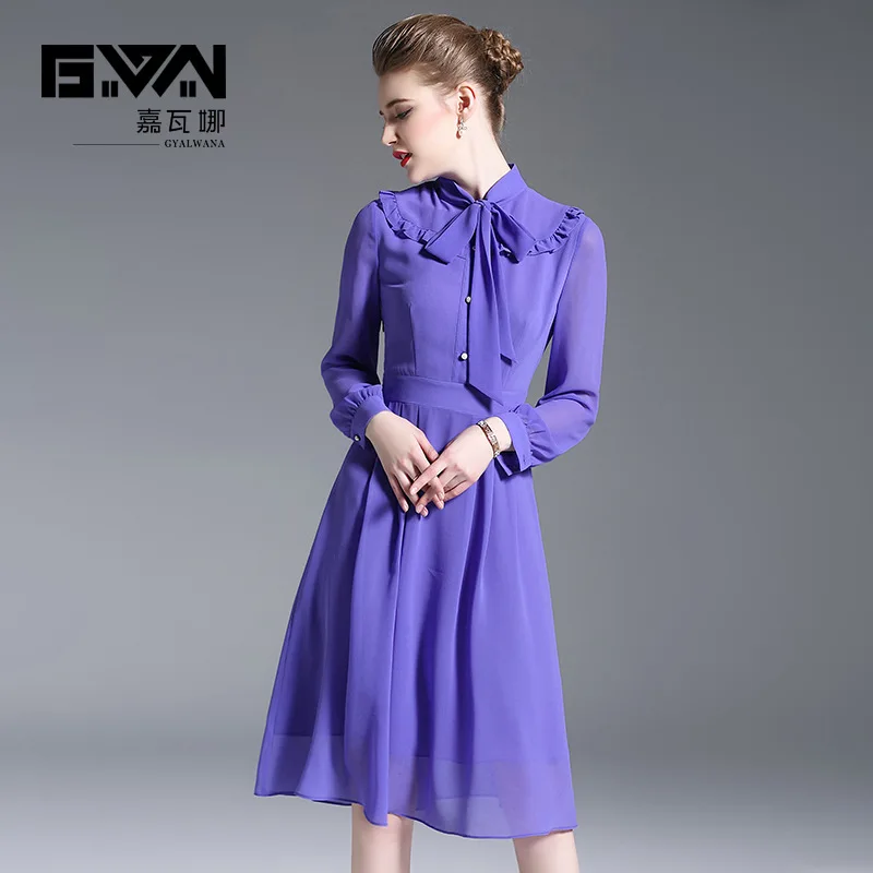 

Purple Dress Fall 2018 New Design Runway Long Sleeve Chiffon Dress Women's Elegant Wood Ear Bow Stand Collar Slim A-line Dresses