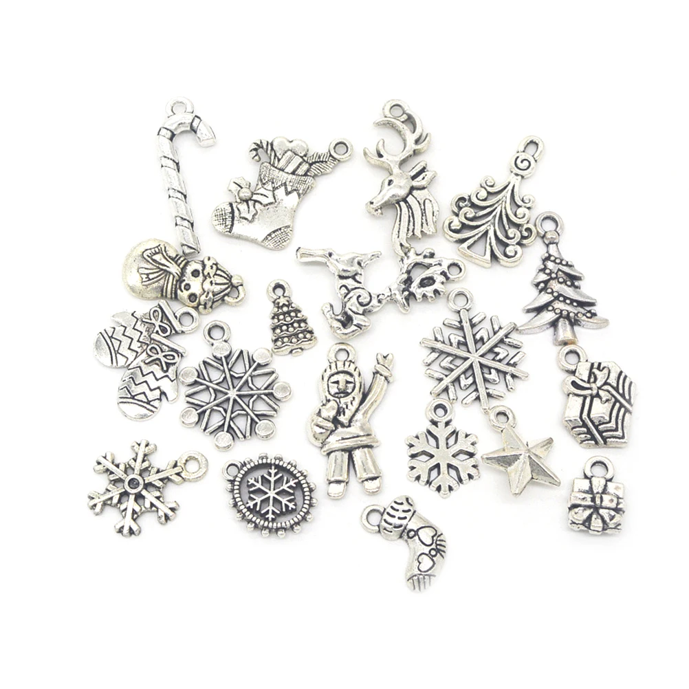 

19pcs Mixed Silver Color Christmas Tree Snowflake Stocking Candy Cane Charm Pendants Decoration Christmas Decorations