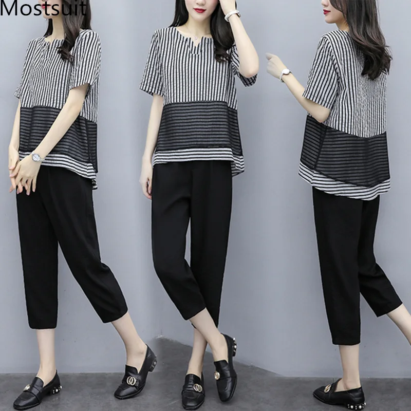 

2019 Black Summer Striped Two Piece Sets Outfits Women Plus Size Short Sleeve Tops And Cropped Pants Suits Casual Korean Sets