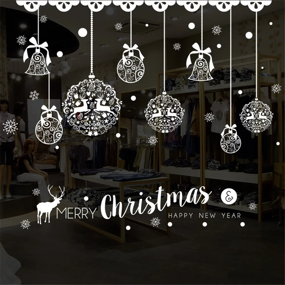 Рождественская Наклейка на стену, домашний декор, украшение для окна магазина, висячий колокольчик, снежинка, олень, papel de parede