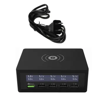 

6-in-1 Multiple Phone QC 3.0 Charging Station 5 USB Ports and 10W QI Wireless Fast Charger with Voltage Current Display For Sams