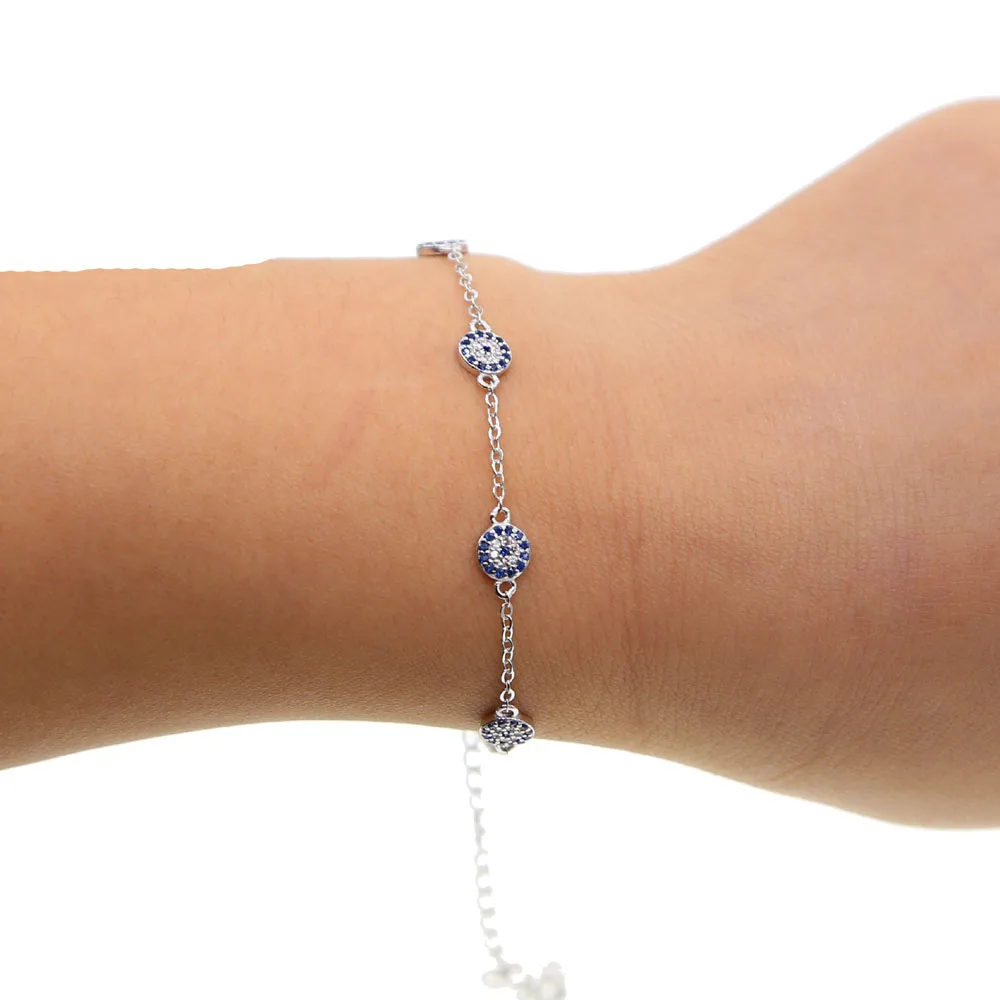 100% 925 sterling silver turkish evil eye 5 pcs tiny cute evil eye disco charm women Girl silver delicate link chain bracelet (3)