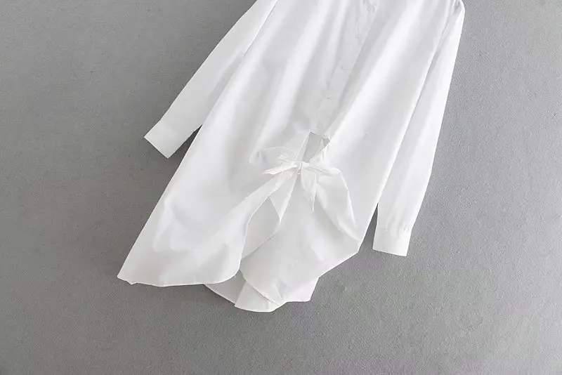 Casual Summer White Turn-Down Collar Long Sleeve Loose Blouse New Fashion Lace Up Women Top