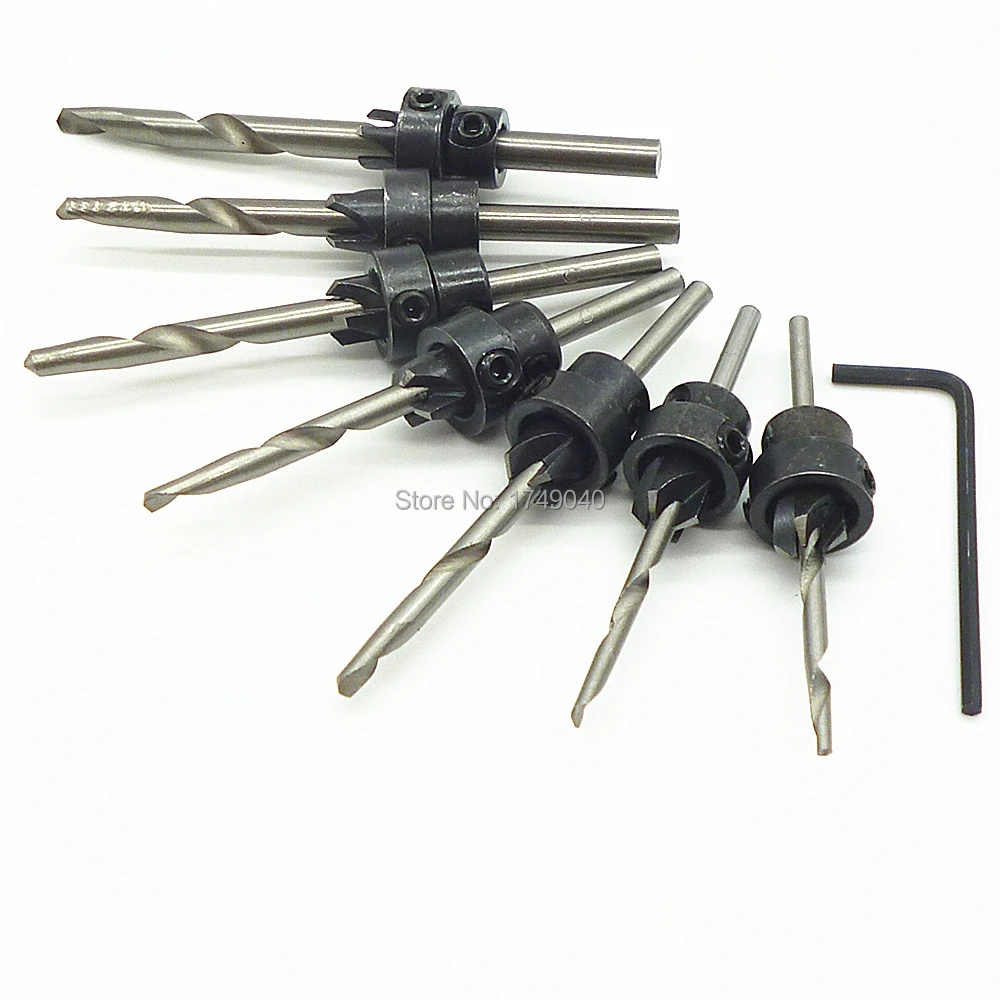 7pc HSS Tapered Drill Bits Countersink Drill Set W/Stop Collars Hex Key
