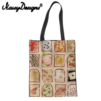 

NOISYDESIGNS cartoon bread food pattern printed Reusable Canvas Shopping Bags for Women Folding Eco-friendly cloth bag storage