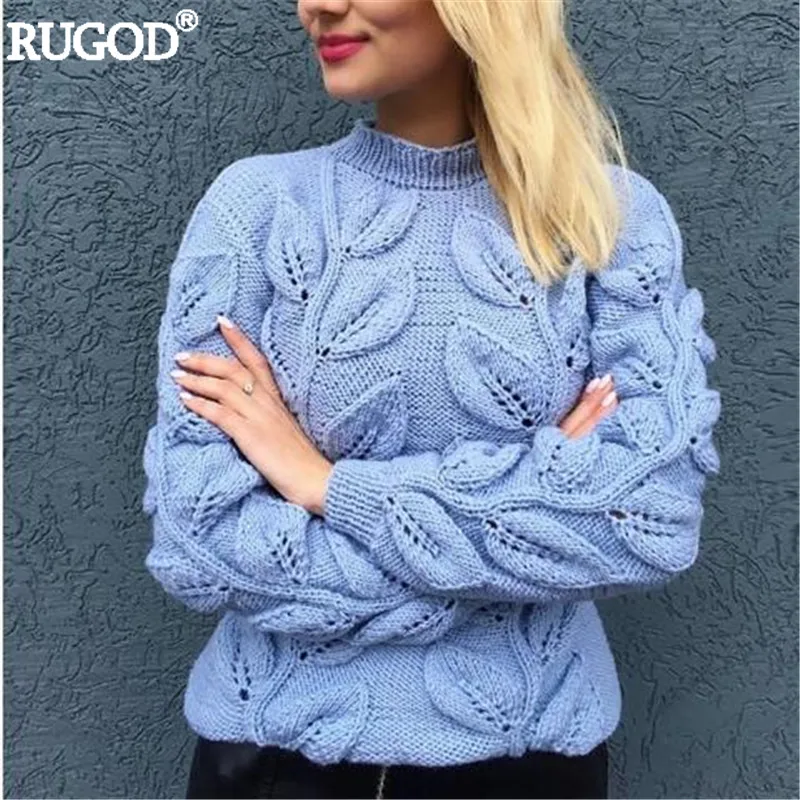RUGOD осень зима теплый вязаный пуловер для женщин Элегантный узор листья вязаный свитер женский свитер Джемперы Befree