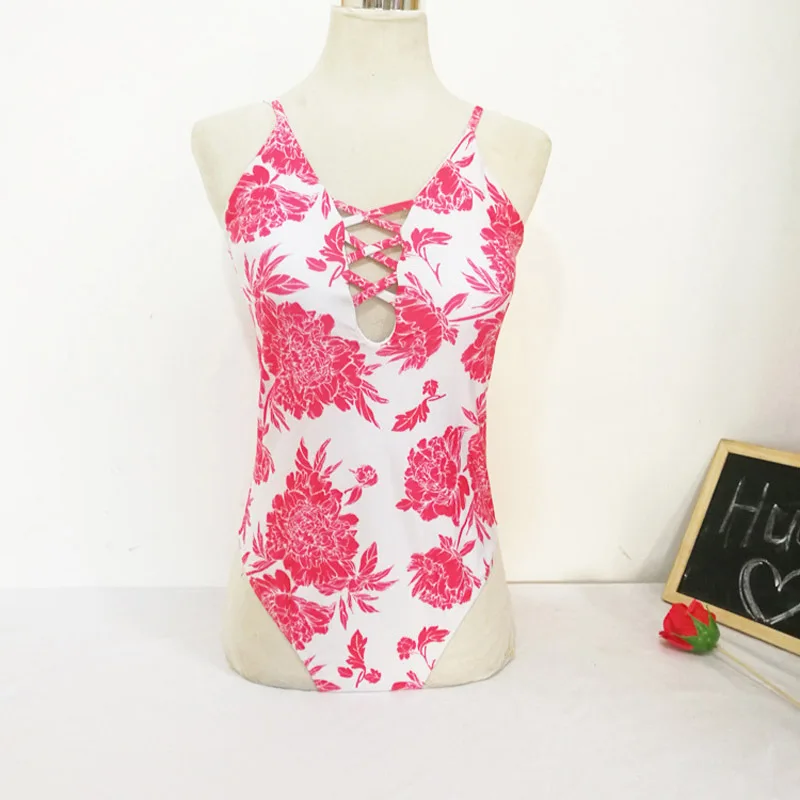 Red Flower Printed Swimsuit One Piece Swimming Suit For Women Strap Red Swimwear Lace Up Female