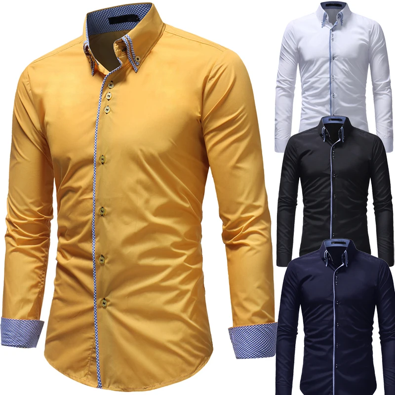 2018 new best selling men's shirts double-layer collar door edging men's casual slim long-sleeved shirt solid color long-sleeved