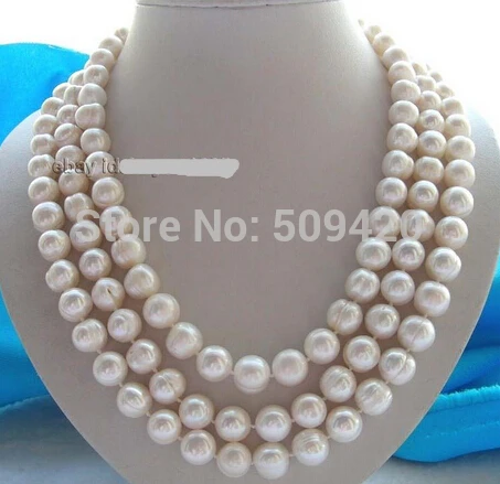 

~~ Free Shipping >18-20" 3Rows Natural 10-11mm White Pearl Necklace