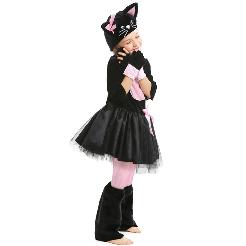 Детский костюм для костюмированной вечеринки для девочек с милым черным котом и розовым бантом; костюм на Хэллоуин, Рождество; детский день; Детские костюмы с животными