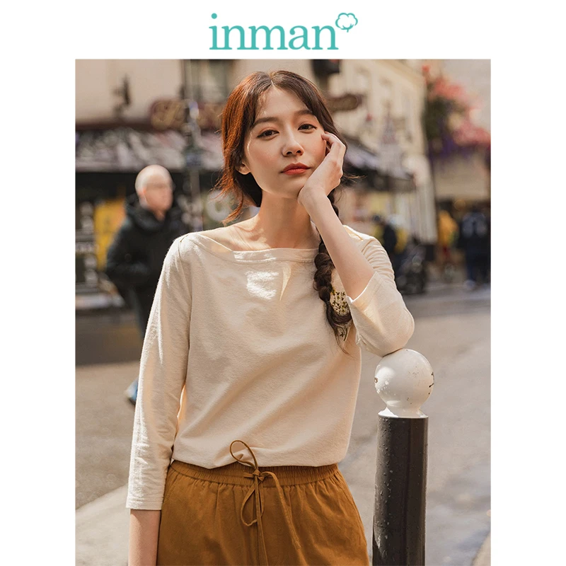  INMAN Spring Autumn Elegant Boat Neck Embroidery Minimalism All Matched Casual Three Quarter Sleeve