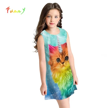 

Kids Dress Girl Clothes Cute Colorful Animal Print Cat Toddler Girl Dresses Sleeveless A-Line Rainbow Dress 8 10 12 Year Vestido