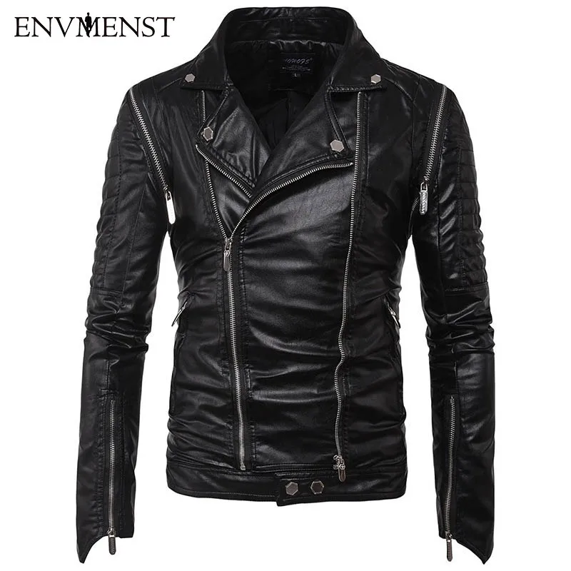 

Envmenst 2017 Fashion PU Motorcycle Leather Jacket Men Fashion Multi-zipper Slim Fit Turn Down Collar Casual Black Coats