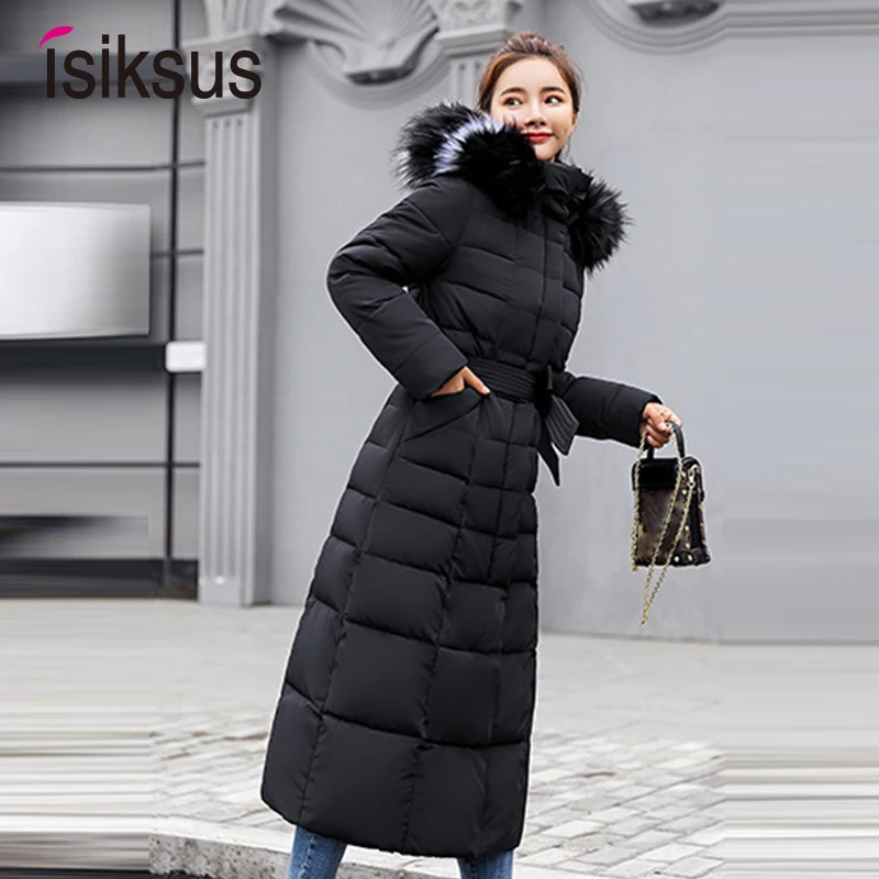 

isiksus Padded Warm Down Jackets Womens Winter Plus Size Long Quilted Black Hooded Fur Coat Jacket 2019 Parkas for Women WP042