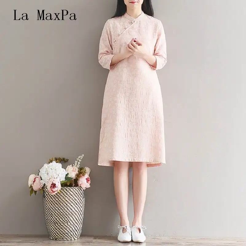 

New Spring Autumn Women Vintage Dress Stand Collar Print Pink Femininos Vestidos Three Quarter Sleeve Cotton Linen Tunic Dress