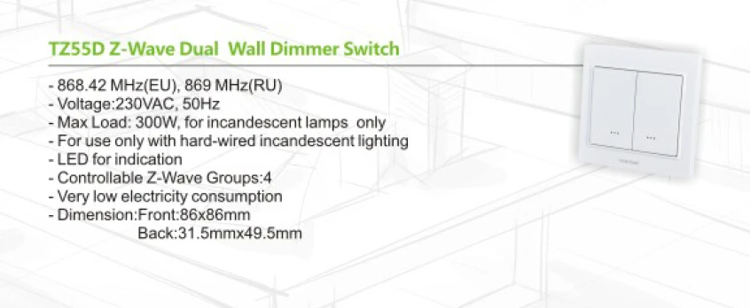 Z-Wave plus двойной настенный выключатель модуль включения/выключения TZ55D EU868.42MHz для системы управления освещением умного дома
