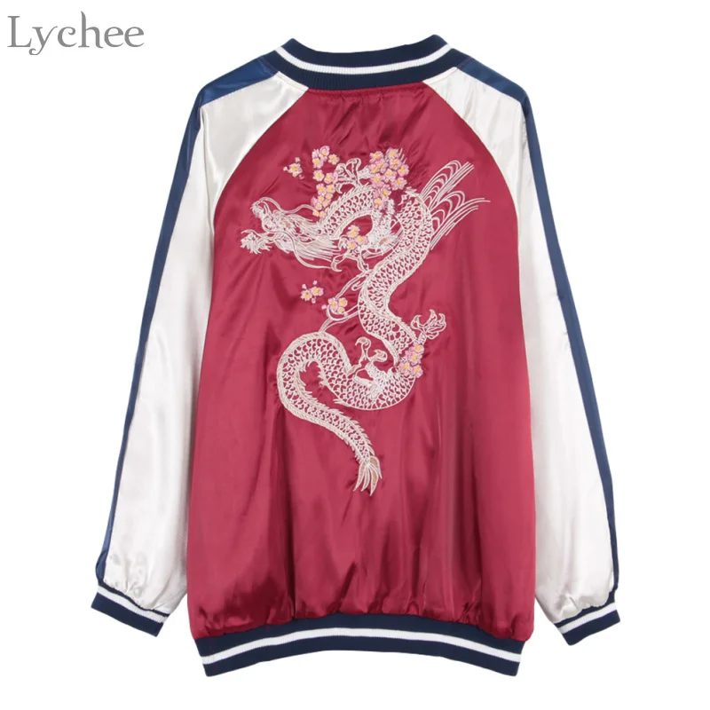 Lychee Harajuku Женская куртка бомбер на молнии с вышитым драконом в стиле пэчворк