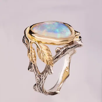 

Vintage Leaf ring 925 Sterling silver Real Opal Royal Party Wedding Band Rings for women 2 Tones Jewelry