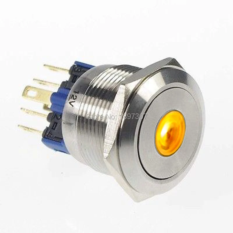 

22mm Yellow Dot Illuminated Reset 1 NO1 NC Metal Car Switch+6V 12V 24V 110V 230V