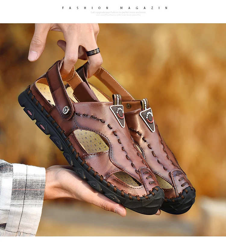 Летние мужские сандалии дышащие кожаные мужские пляжные сандалии брендовая мужская повседневная обувь удобные повседневные сандалии без застежки водные кроссовки