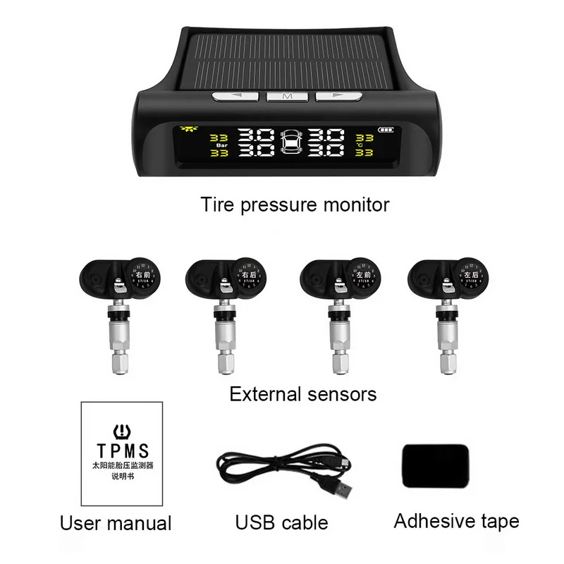 TOSPRA автомобильный TPMS система контроля давления в шинах Солнечная зарядка HD цифровой ЖК-дисплей Автоматическая сигнализация Беспроводная с 4 датчиком - Цвет: built-sensor