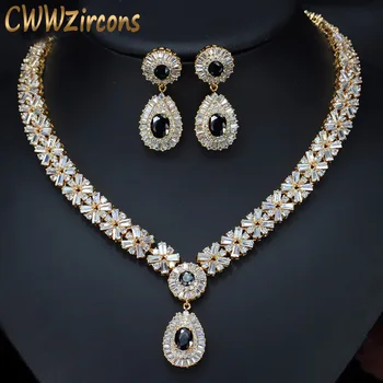 

CWWZircons Exquisite Gold Color Round AAA+ Cubic Zirconia Crystal Women Costume Jewelry Sets With Black Zircon Stones T104