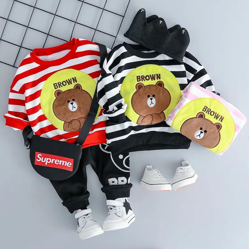 

Thick warm Cartoon bear Newborn Baby Boys clothes set Stripe tops + pants 2Pcs Leisure Outfit Baby Boys Clothes Set