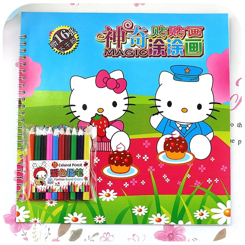 25x25CM 12 Page hello kitty Coloring Sticker Book For Children kids