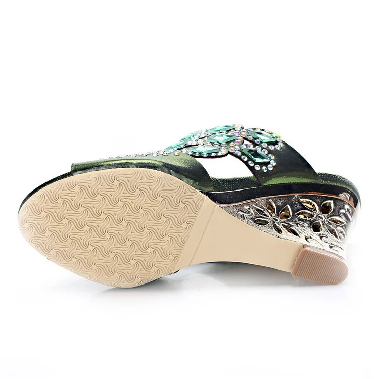 2017 New Green Large Size Open-toe Womens Shoes Leather 40 44 Wedge Heel Slippers Heels Sandals Party & Evening High Quality-10