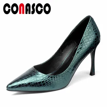 

CONASCO Basic Pumps Sexy Thin High Heels Wedding Party Shoes Woman Pointed Toe Prom Pumps New Brand Genuine Leather Shoes