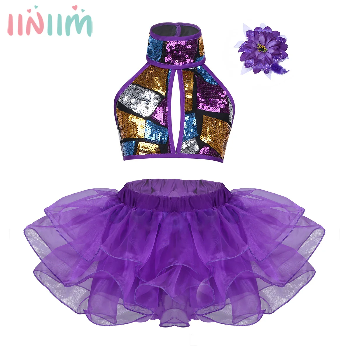 

Girls Dance Costume Halter Shiny Sequins Strappy Crop Top with Tutu Dress Flower Clip Set Ballet Dancewear Children's Clothing