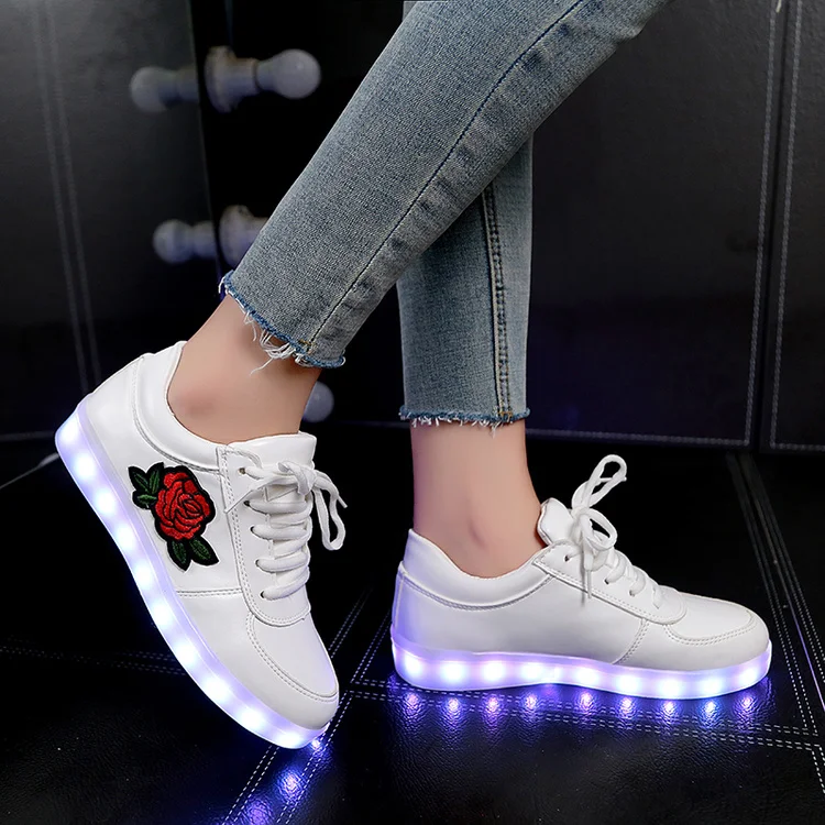 

YPYUNA Fahsion Basket LED Shoes Casual Lovers Femme Kids Trainers Luminous Sneakers China style Rose Flower led sneakers