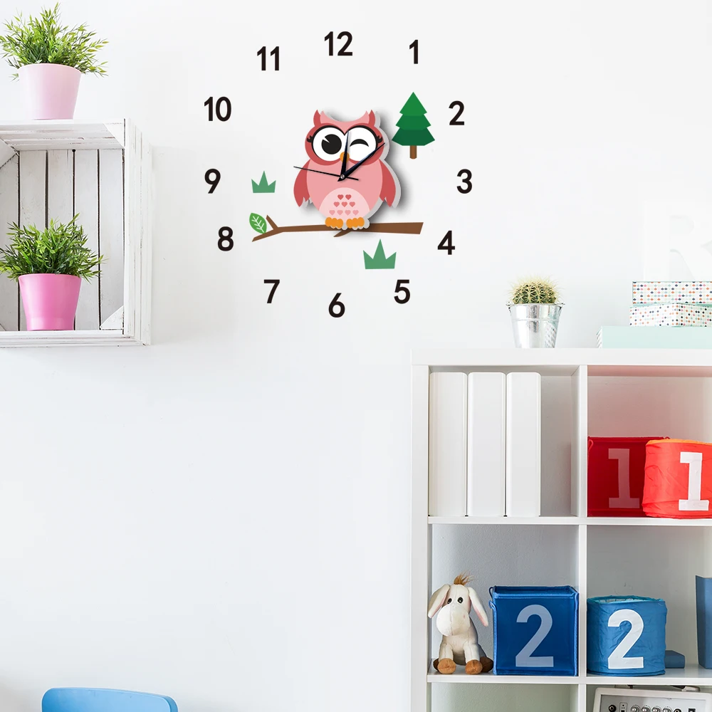 Горячая 3D наклейка в виде настенных часов Красочные Сова маятник тихие часы для детей Дети наклейка на стену в комнату украшение дома подарок