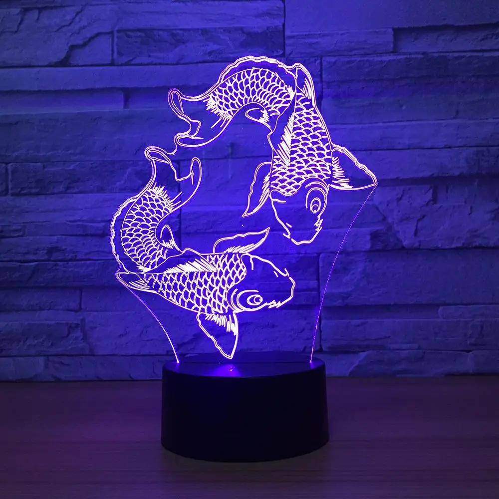 Ночной светильник с двумя Cyprinoid рыбами, креативный, семь цветов, сенсорный, Usb, светодиодный светильник, светильники, прекрасный, 7 цветов, изменение, 3D лампа для дома, офиса, лампа