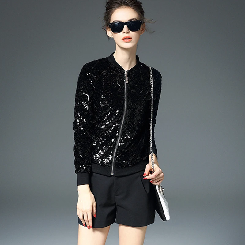 Noir Preppy Taille Yuxinfeng Plus Sequin Base Veste Womenlong Casual Lady Jackets De Bomber La Manches Streetwear Zipper Piste Manteau 0EqwA6AC