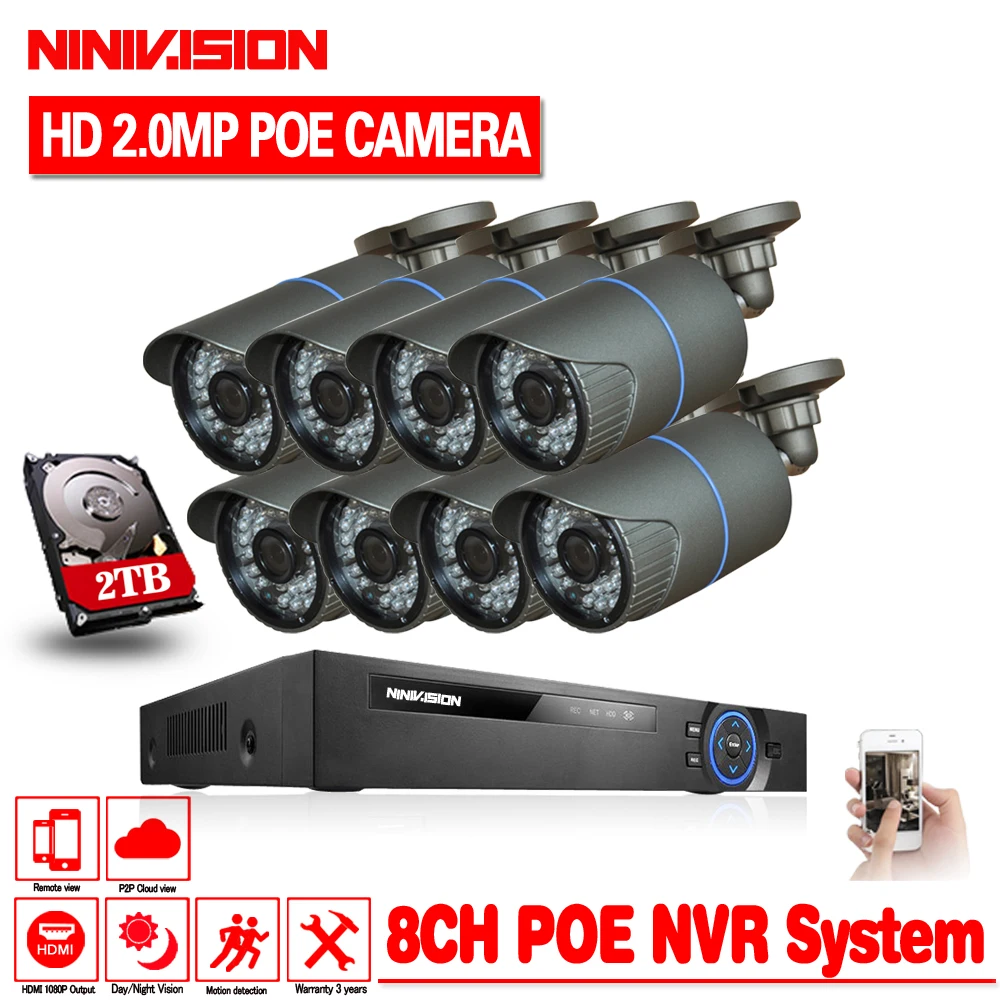 NINIVISION 48В 8 канальный PoE Комплект HD 1080P 8CH NVR POE IP сеть 2MP домашние уличные камеры